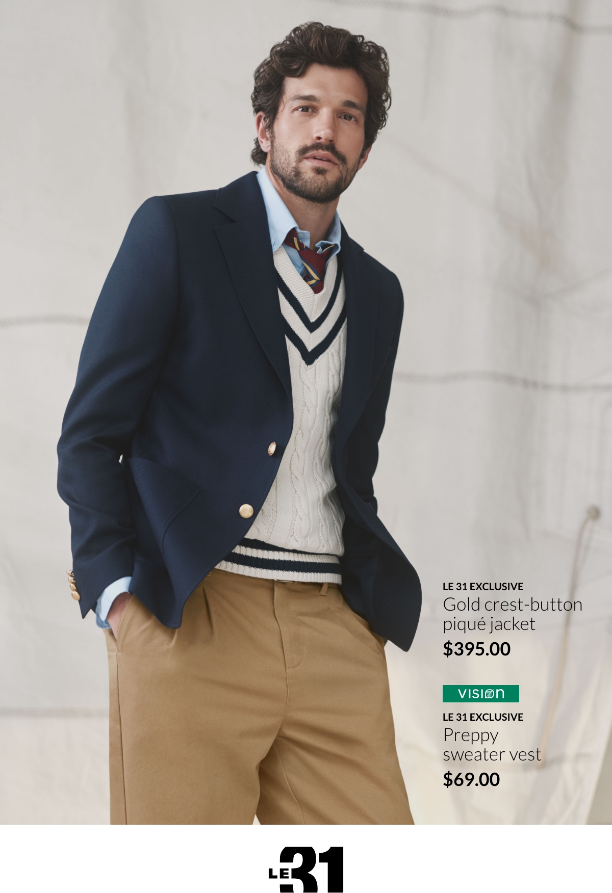 Le 31 exclusive Gold crest-button piqué jacket at 395 $; Vision Le 31 exclusive Preppy sweater vest at 69$