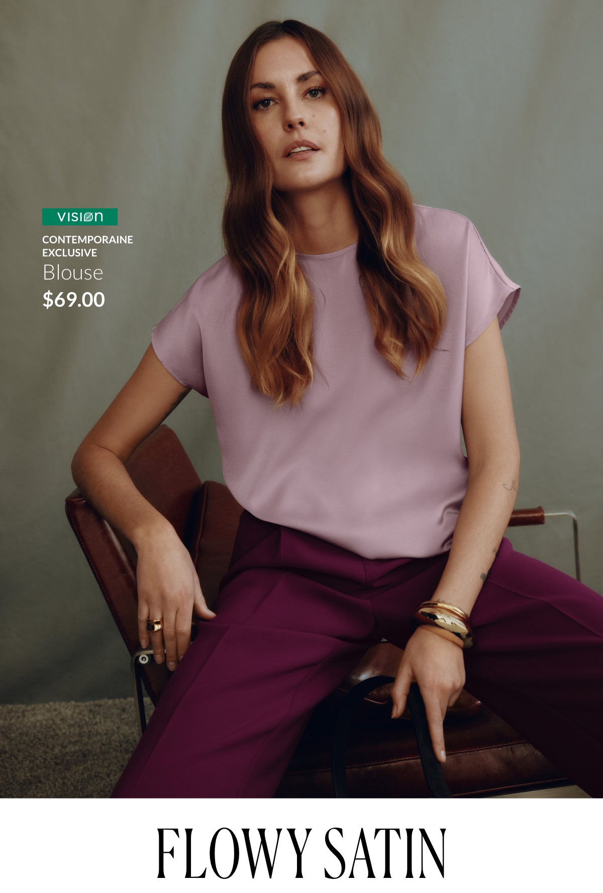 Flowy Satin; Woman wearing a lavender blouse at 69$.