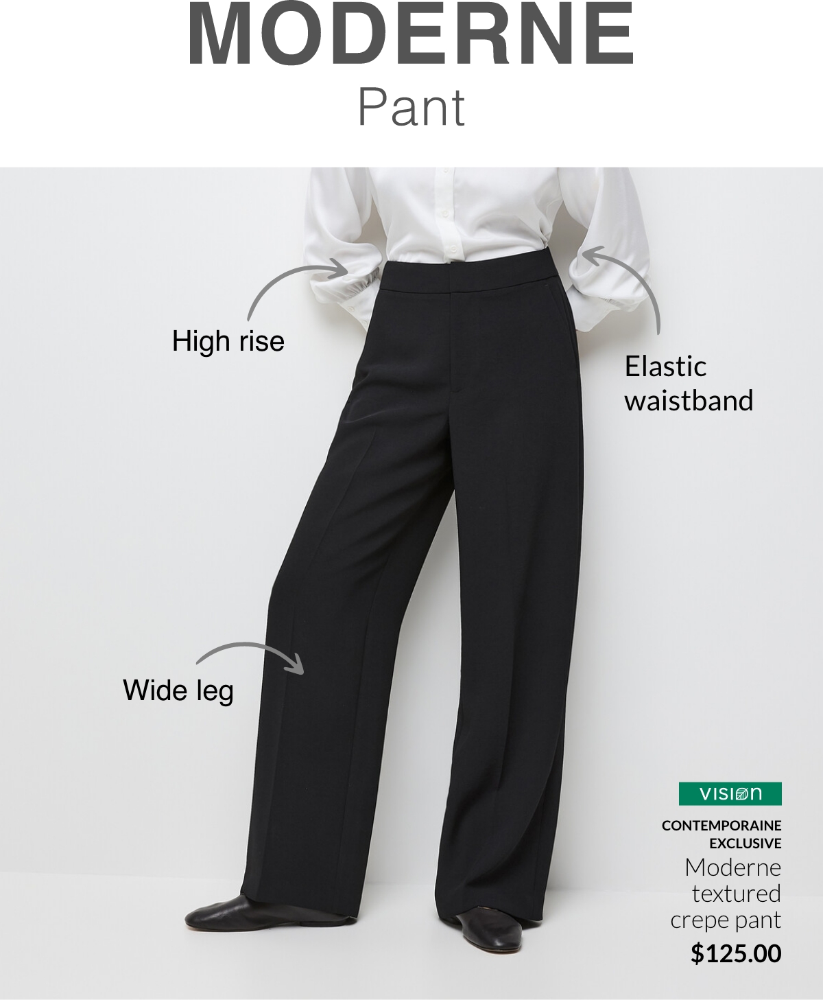Moderne textured crepe pant at 125$. Elastic waistband, High rise, Wide leg