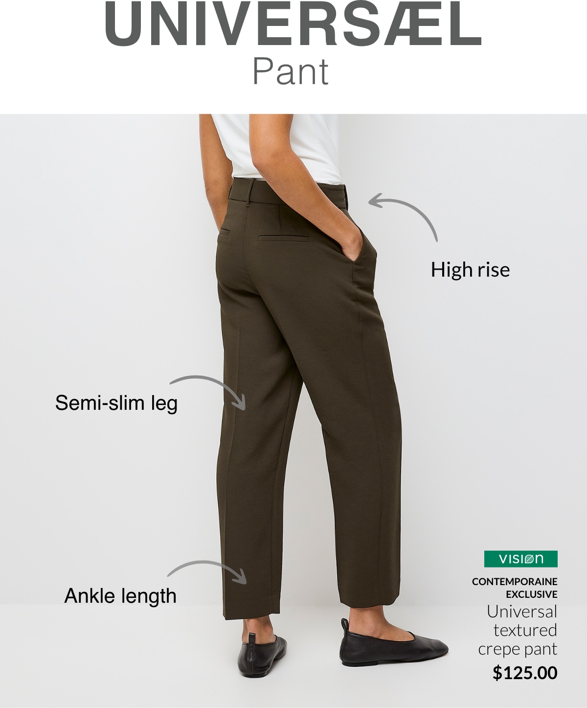 Universal textured crepe pant at 125$. Semi-slim leg, High rise, Ankle length