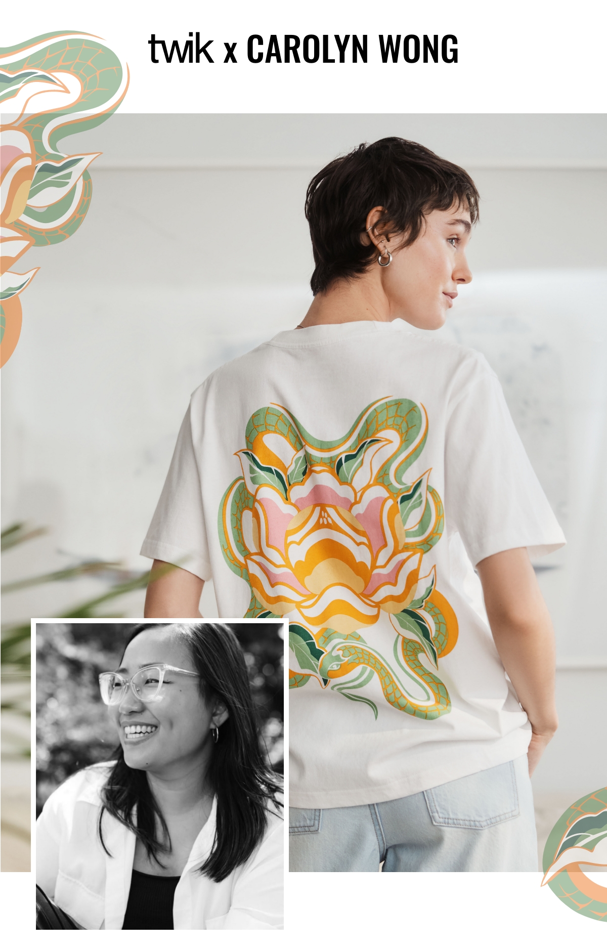 Carolyn Wong and an illustrated t-shirt from our exclusive collection