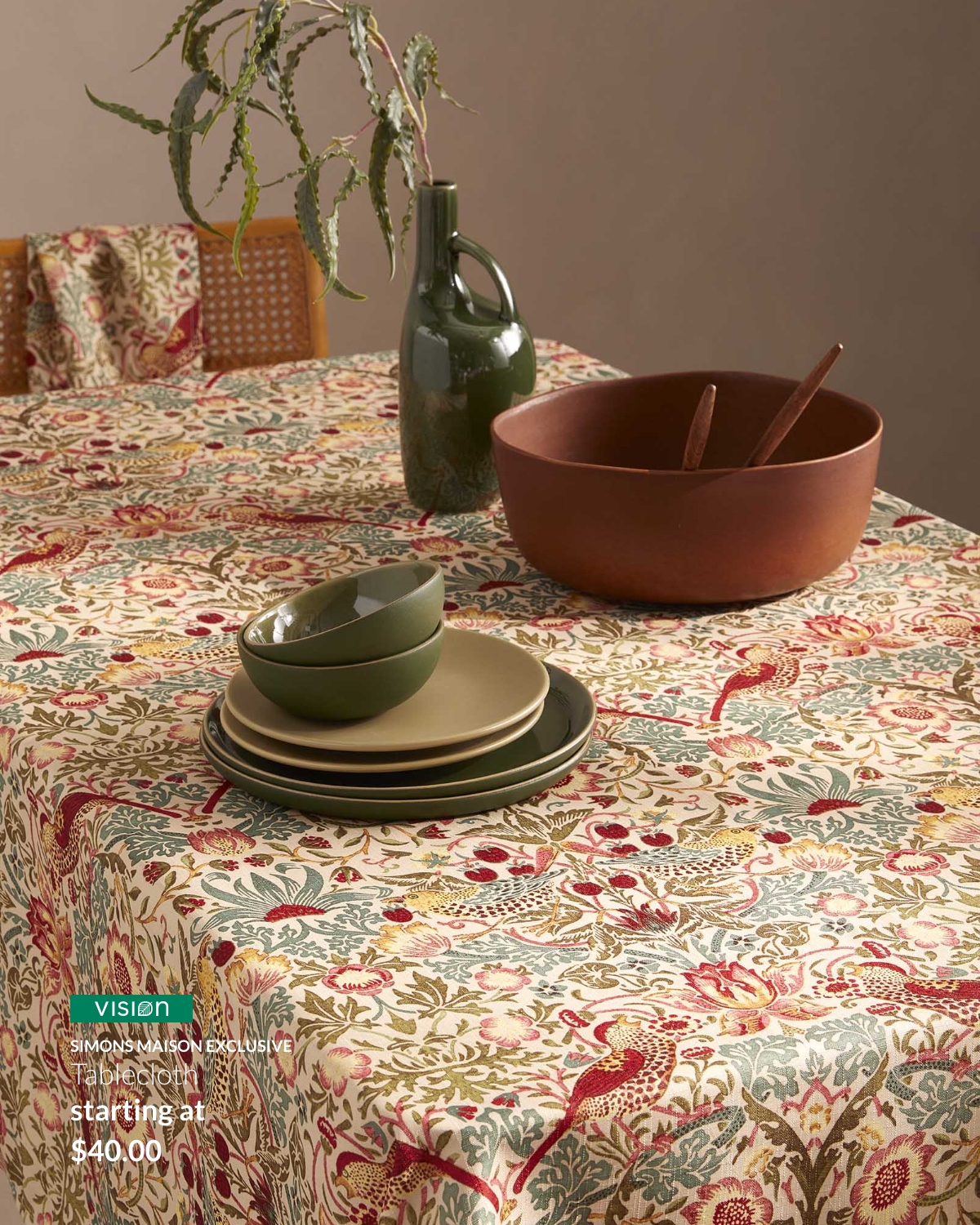 Table with a Strawberry Thief tablecloth starting at $40