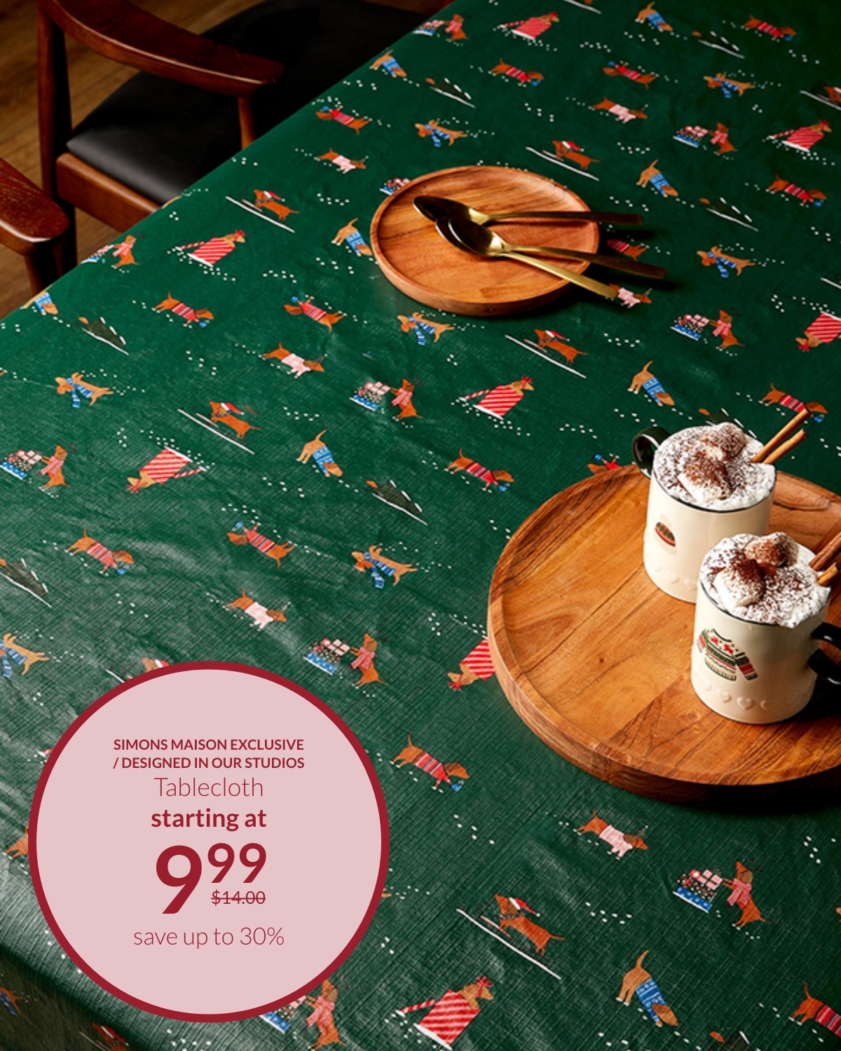 Dark green vinyl tablecloth with a festive dashunds prints starting at $9.99 instead of $14