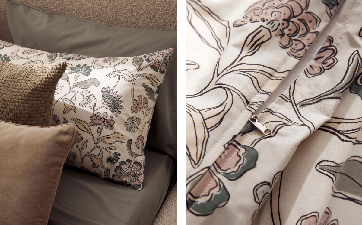 Zoomed in photos of the duvet cover's floral pattern.