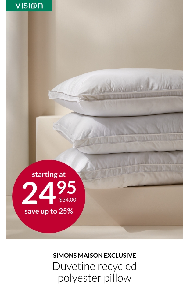 Simons Maison exclusive Duvetine recycled polyester pillow starting at 24.95$ instead of 34$.