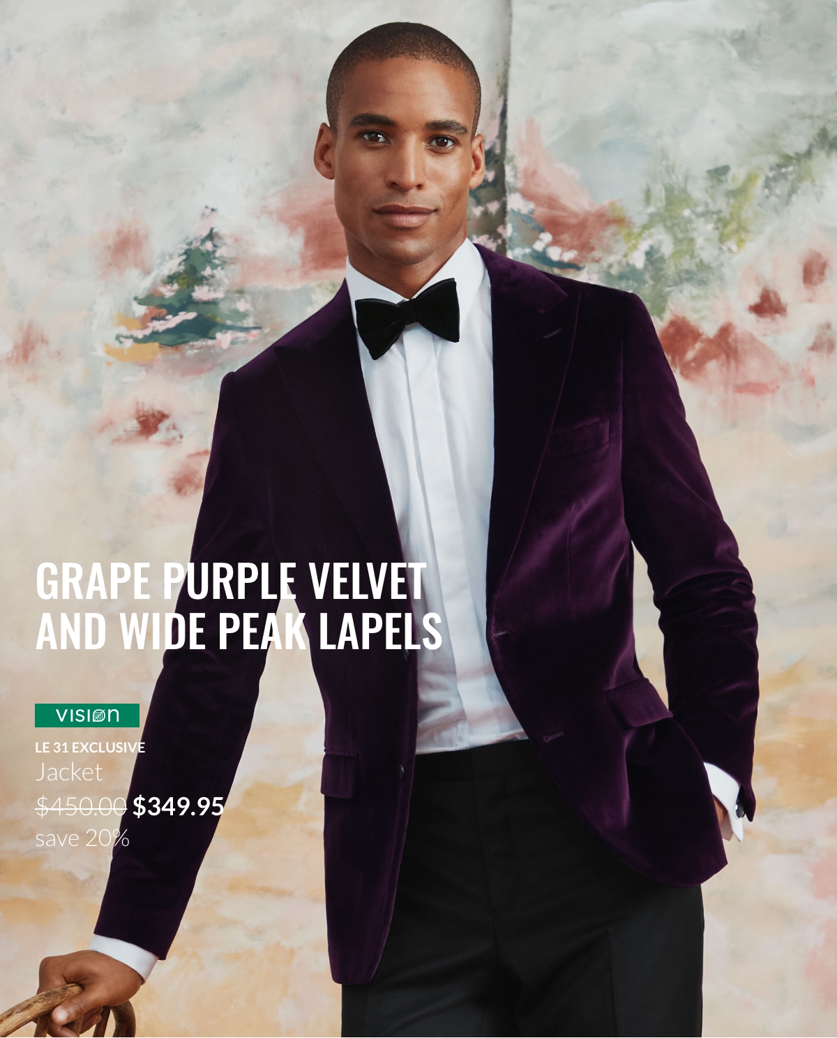 Man wearing a grape purple velvet jacket for $349.95 instead of $450, a white shirt, a black bow tie and black pants.