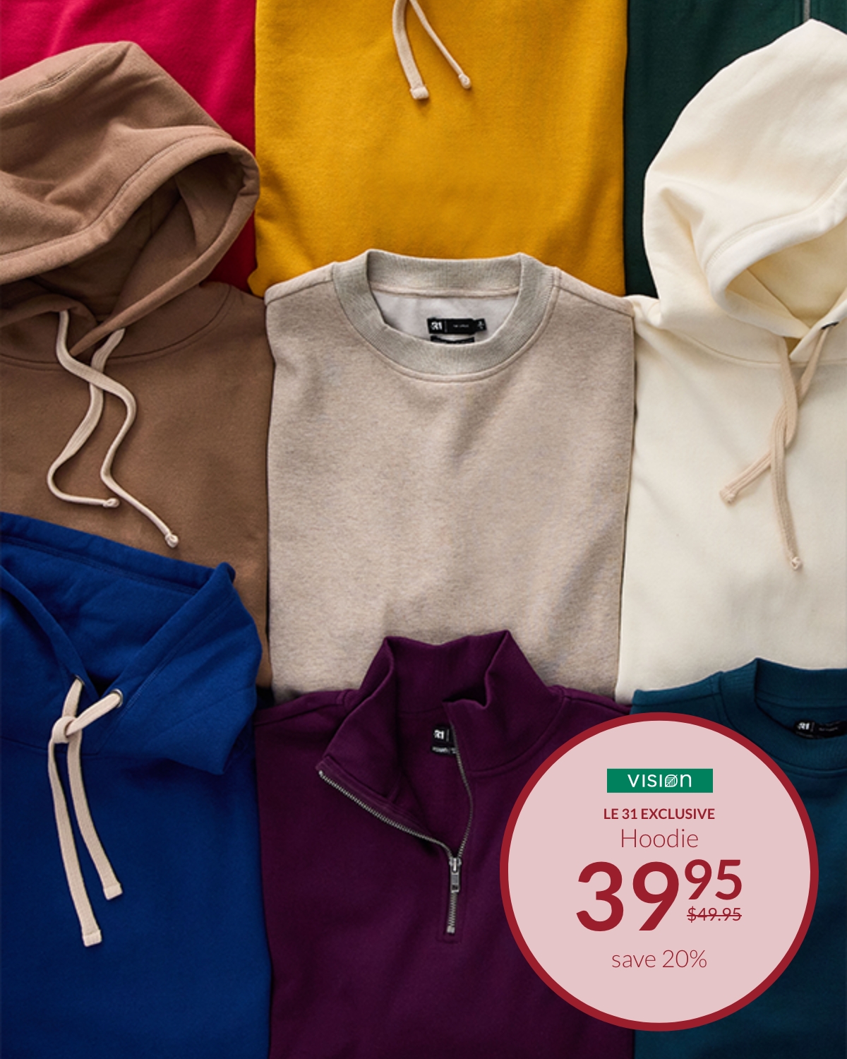 Colourful minimalist hoodies at $39.95 instead of $49.95