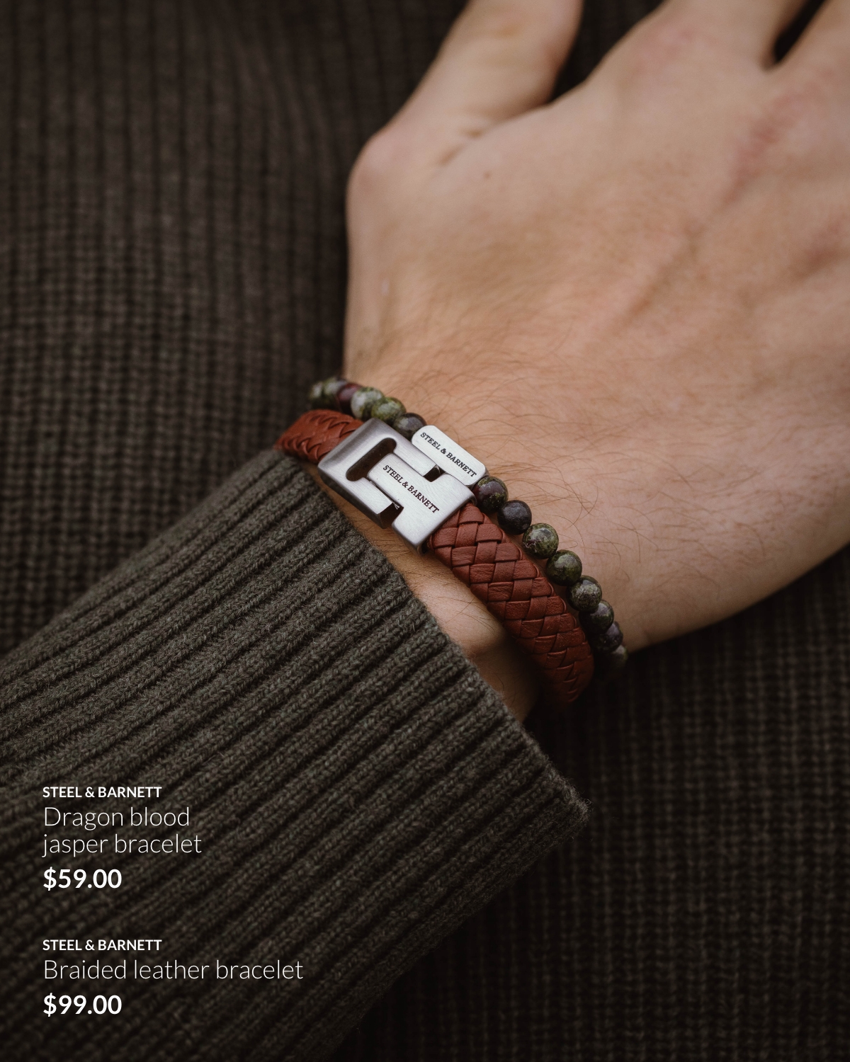 Close-up on a wrist wearing a Dragon blood jasper bracelet at 59$ and a braided leather bracelet at 99$, both by Steel & Barnett