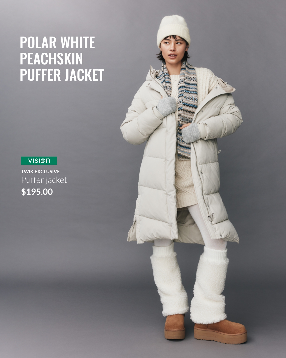 Young woman wearing a Polar White Peachskin Puffer Jacket at $195.00