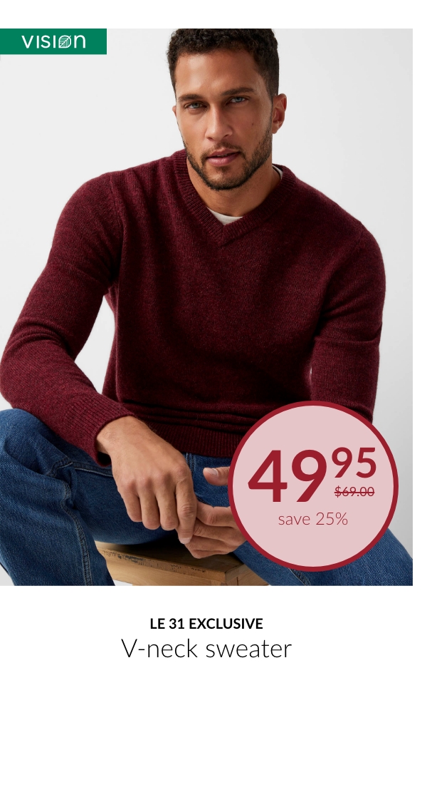 Young man wearing a red V-neck sweater at $49.95 instead of $69