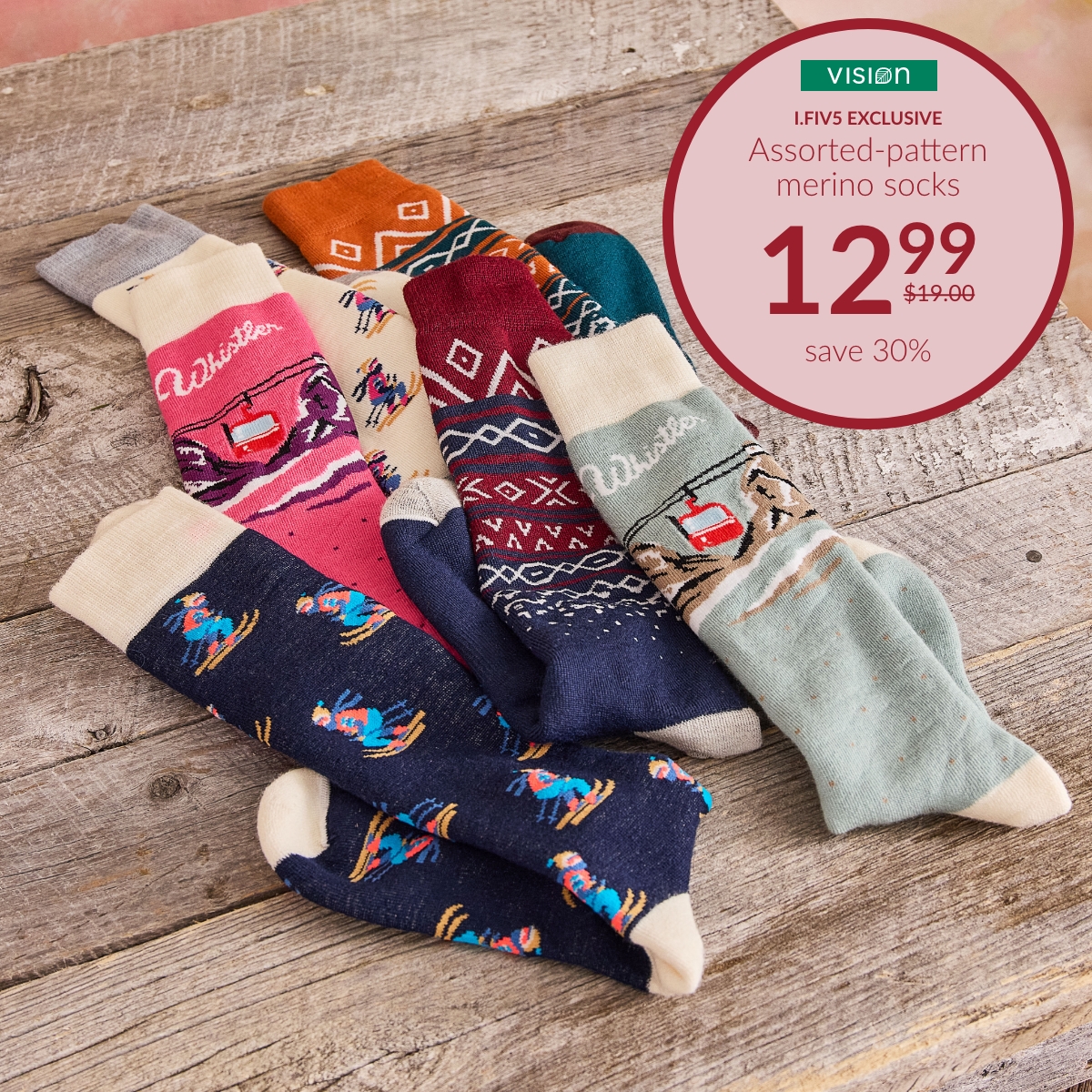 Assorted-pattern merino socks for women on sale at 12,99$ instead of 19$