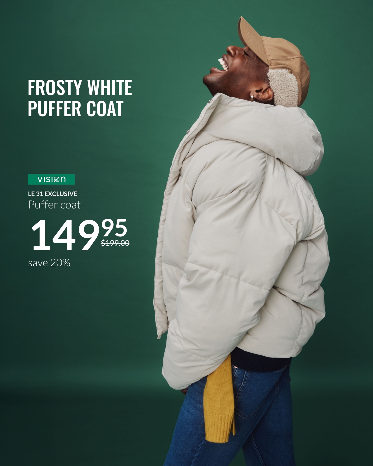 Young man wearing a Frosty White Puffer Coat at $149.95 instead of $199.00