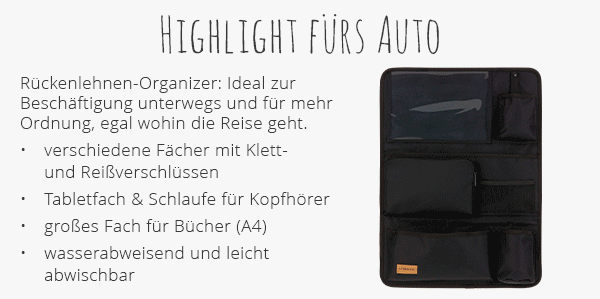 Highlight fürs Auto Rückenlehnen-Organizer: Ideal zur Beschäftigung unterwegs und für mehr Ordnung, egal wohin die Reise geht.  → verschiedene Fächer mit Klett- und Reißverschlüssen → Tabletfach & Schlaufe für Kopfhörer → großes Fach für Bücher (A4) → wasserabweisend und leicht abwischbar