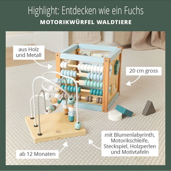 Highlight: Entdecken wie ein Fuchs - Motorikwürfel Waldtiere - Mit Blumenlabyrinth, Motorikschleife, Steckspiel, Holzperlen und Motivtafeln 20 cm groß aus Holz und Metall ab 12 Monaten.