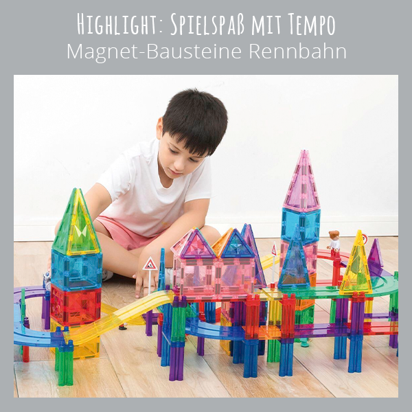 Highlight: Spielspaß mit Tempo – Magnet-Bausteine Rennbahn  → 120 Teile und 2 batteriebetriebene Rennautos → Immer wieder neu aufbaubar mit Kurven, Wellenbahnen, Brücken und Magnet-Bausteinen