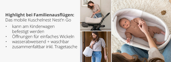 Highlight bei Familienausflügen: Das mobile Kuschelnest Nest'n Go - kann am Kinderwagen befestigt werden - Öffnungen für einfaches Wickeln - wasserabweisend + waschbar - zusammenfaltbar inkl. Tragetasche