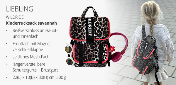 LIEBLING - Kinderrucksack savannah - Reißverschluss an Haupt- und Innenfach - Frontfach mit Magnetverschlussklappe - seitliches Mesh-Fach längenverstellbare Schultergurte + Brustgurt - 22(L) x 10(B) x 30(H) cm, 300 g