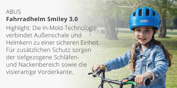ABUS Fahrradhelm Smiley 3.0 - Highlight: Die In-Mold-Technologie verbindet Außenschale und Helmkern zu einer sicheren Einheit. Für zusätzlichen Schutz sorgen der tiefgezogene Schläfen- und Nackenbereich sowie die visierartige Vorderkante.