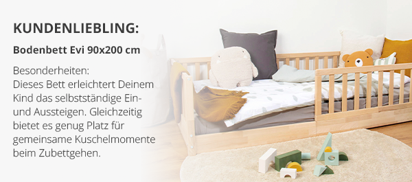 Kunden-Liebling: Bodenbett Evi 90x200 cm  Dieses Bett erleichtert Deinem Kind das selbstständige Ein- und Aussteigen. Gleichzeitig bietet es genug Platz für gemeinsame Kuschelmomente beim Zubettgehen.  Besonders praktisch: Später lässt sich das Bett ganz einfach zum Kindersofa oder Jugendbett umbauen.