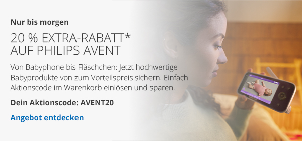 Nur bis morgen - 20 % Extra-Rabatt* auf PHILIPS AVENT  - Von Babyphone bis Fläschchen: Jetzt hochwertige Babyprodukte von zum Vorteilspreis sichern. Einfach Aktionscode im Warenkorb einlösen und sparen. - Dein Aktionscode: AVENT20 - Angebot entdecken →