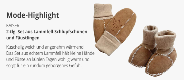 Mode-Highlight - Kaiser 2-tlg. Set aus Lammfell-Schlupfschuhen und Fäustlingen - Kuschelig weich und angenehm wärmend: Das Set aus echtem Lammfell hält kleine Hände und Füße an kühlen Tagen wohlig warm und sorgt für ein rundum geborgenes Gefühl.
