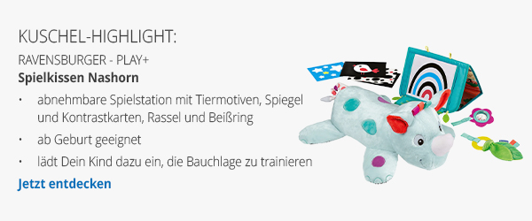 Kuschel-Highlight:  Ravensburger - Play+ Spielkissen Nashorn - abnehmbare Spielstation mit Tiermotiven, Spiegel und Kontrastkarten, Rassel und Beißring - ab Geburt geeignet - lädt Dein Kind dazu ein, die Bauchlage zu trainieren - Jetzt entdecken → 