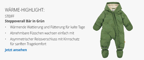  Wärme-Highlight:  Steiff - Steppoverall Bär in Grün  Wärmende Wattierung und Fütterung für kalte Tage Abnehmbare Füsschen wachsen einfach mit Asymmetrischer Reissverschluss mit Kinnschutz für sanften Tragekomfort Jetzt ansehen → 