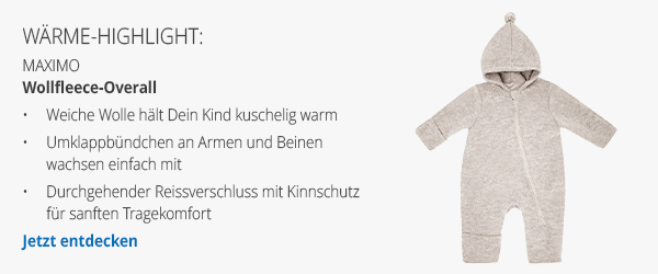 Wärme-Highlight:  maximo - Wollfleece-Overall   Weiche Wolle hält Dein Kind kuschelig warm Umklappbündchen an Armen und Beinen wachsen einfach mit Durchgehender Reissverschluss mit Kinnschutz für sanften Tragekomfort Jetzt ansehen → 
