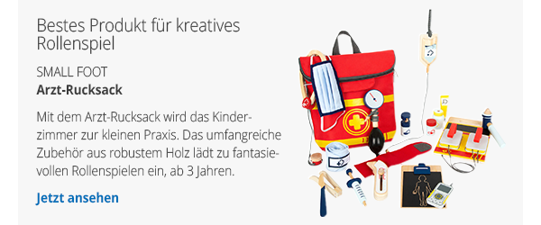 Bestes Produkt für kreatives Rollenspiel - Arzt-Rucksack - small foot - Mit dem Arzt-Rucksack wird das Kinderzimmer zur kleinen Praxis. Das umfangreiche Zubehör aus robustem Holz lädt zu fantasievollen Rollenspielen ein, ab 3 Jahren.  Jetzt ansehen → 