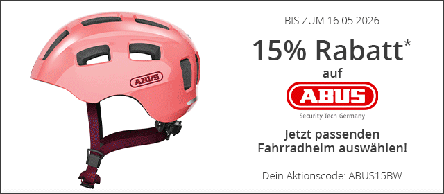 BIS ZUM 16.05.2026 - 15% auf ABUS* - Jetzt passenden Fahrradhelm auswählen! - Dein Aktionscode: ABUS15BW