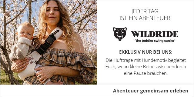 Jeder Tag ist ein Abenteuer!  - WILDRIDE - Exklusiv nur bei uns: Die Hüfttrage mit Hundemotiv begleitet Euch, wenn kleine Beine zwischendurch eine Pause brauchen.