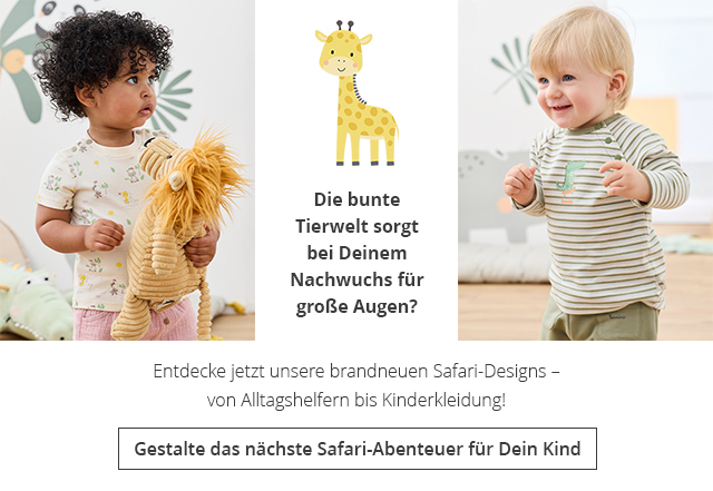 Die bunte Tierwelt sorgt bei deinem Nachwuchs für große Augen? Entdecke jetzt unsere brandneuen Safari-Designs – von Alltagshelfern bis Kinderkleidung! - Gestalte das nächste Safari-Abenteuer für dein Kind >