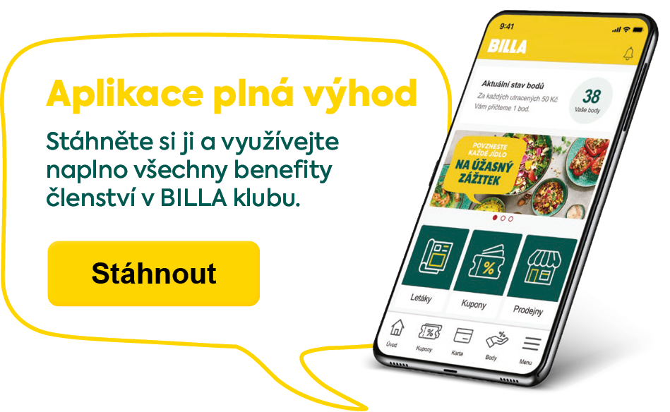 Banner: Aplikace plná výhod. Stáhněte si ji a využívejte naplno všechny benefity členství v BILLA klubu. Stáhnout.