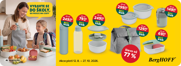 Banner: Vybavte se do školy, do práce i na cesty. Sleva až 77 % na produkty značky BergHOFF. Akce platí 12.8. - 27.10.2026.