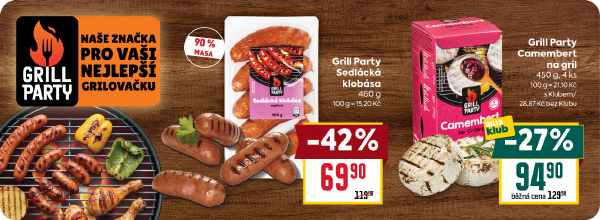 Katalog: Léto - Grill Party Camembert na gril 4 ks za 94,90 Kč s BILLA klubem a Grill Party Sedlácká klobása 460 g za 69,90 Kč