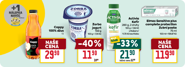 Banner: Mimoni +1 nálepka navíc při koupi: Cappy 100% džus 1 l za 29,90 Kč.. Zorba jogurt 150 g za 11,90 Kč. Activia Kefír 280 g za 21,90 Kč s BILLA klubem. Elmex Sensitive plus complete protection Zubní pasta 75 ml za 119,90 Kč.