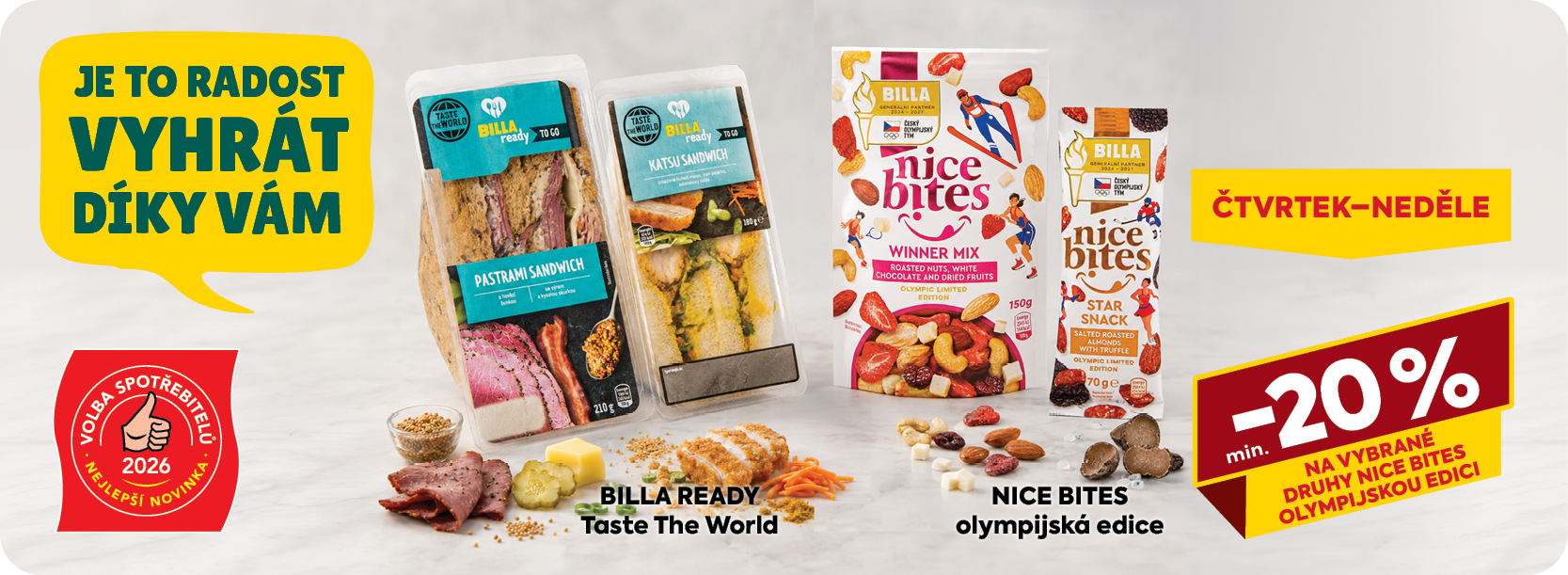 Banner: Volba spotřebitelů 2026 - nejlepší novinka. Je to radost vyhrát díky Vám - BILLA Ready Taste The World a NICE BITES olympijská edice. Čtvrtek až neděle min. -20 % na vybrané druhy Nice Bites olympijskou edici.