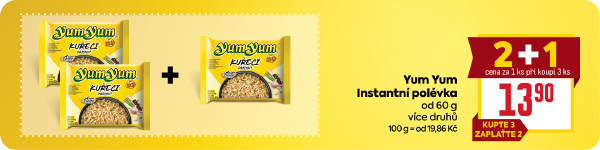 Banner: Yum Yum Instantní polévka od 60 g 2+1, cena za 1 ks při koupi 3 ks 13,90 Kč.