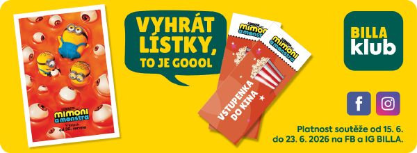 Banner: Vyhrát lístky, to je goool - vstupenky do kina na Mimoni a monstra. Platnost soutěže od 15.06. do 23.06.2026 na FB a IG BILLA.
