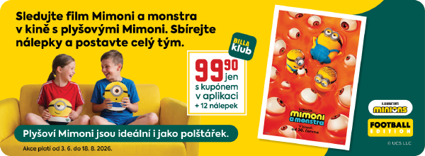 Banner: Sledujte film Mimoni a monstra v kinech od 30.06. Plyšoví Mimoni jsou ideální i jako polštářek -  plyšák za 99,90 Kč jen s kupónem v aplikaci + 12 nálepek.