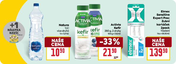 Banner: Mimoni +1 nálepka navíc při koupi: Natura 1,5 l za 10,90 Kč. Activia Kefír 280 g za 21,90 Kč s BILLA klubem. Elmex Sensitive Expert Prec Zubní kartáček 2pack za 139,90 Kč.