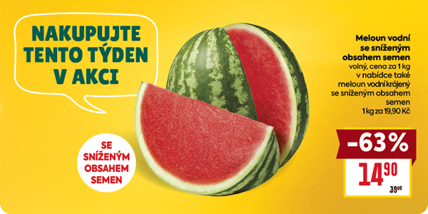 Banner: Nakupujte tento týden v akci. Meloun vodní se sníženým obsahem semen volný 1 kg za 14,90 Kč. Losos filet cena za 100 g 28,90 Kč. Super středa a čtvrtek Srdce domova Vejce podestýlková M 10 ks za 39,90 Kč s BILLA klubem.
