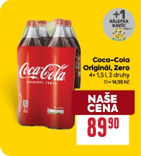Banner: Coca-Cola Originál, Zero 4x1,5 l za 89,90 Kč + extra nálepka Mimoni.