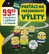 Banner: Mimoni - parťáci na prázdninové výlety - 99,90 Kč jen s kupónem v aplikaci + 12 nálepek.