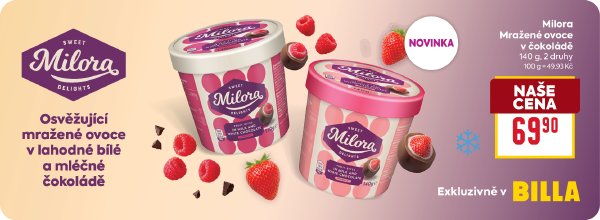 Banner: Milora - osvěžující mražené ovoce v lahodné bílé a mléčné čokoládě 140 g za 69,90 Kč. 