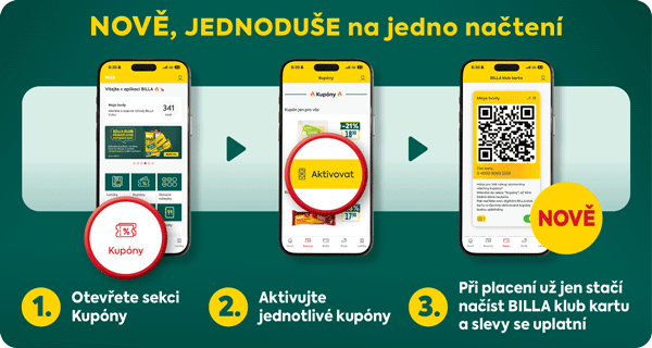 Banner: Nově, jednoduše na jedno načtení. Otevřete sekci Kupóny v aplikaci BILLA  klub. Aktivujte jednotlivé kupóny. Při placení už jen stačí načíst BILLA klub kartu a slevy se uplatní.
