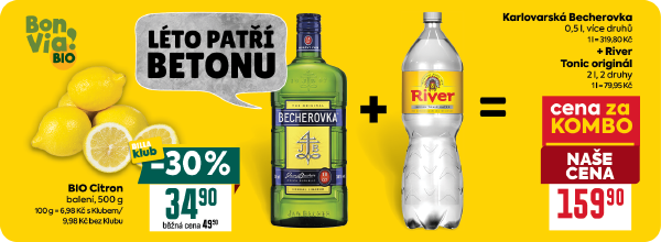 Banner: Léto patří betonu. Karlovarská Becherovka 0,5 l  + River Tonic originál 2 l cena za kombo 159,90 Kč. BIO Citron  500 g  za 34,90 Kč s BILLA klubem.