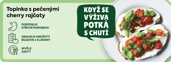 Banner: Topinka s pečenými cherry rajčaty - když se výživa potká s chutí. Podporuje střevní mikrobiom. Obsahuje množství bílkovin a vlákniny. Skvěle zasytí.