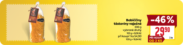 Banner: Babiččiny těstoviny vaječné 330 g za 29,90 Kč od dvou kusů.