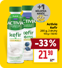 Banner: Activia Kefír 280 g za 21,90 Kč + extra nálepka Mimoni.